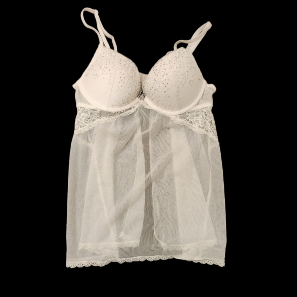 Le Senza White Babydoll Lingerie with Rhinestones on Bra